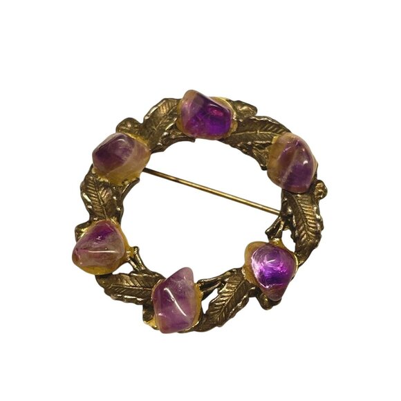 Vintage Gold-Tone Brooch With Purple Stones & Leaf Design - Picture 6 of 8